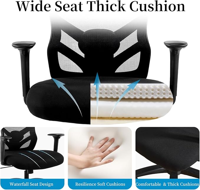 YFO Big and Tall Office Chair 500LBS - Computer Desk Chair with Adjustable Lumbar Support, Heavy Duty Ergonomic Mesh with 360 Rotation 2D Arm and Extra Wide Comfty Seat, Quiet Wheels for Adults, Black