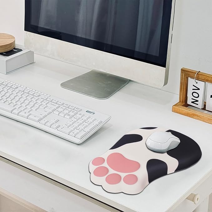 L-SPOUTTO Ergonomic Mouse Pad with Wrist Rest,Cute Mouse Pad Wrist Support | Cat Paw Comfortable Massage Design,Computer Pain Relief Mousepad with Non-Slip PU Base for Desk Laptop Gaming,Cow