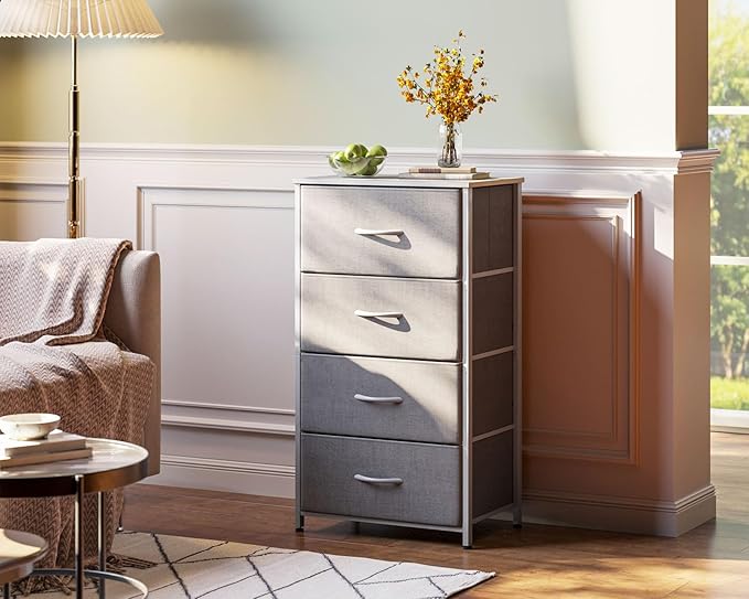 AODK Small Dresser for Bedroom with 4 Storage Drawers, Light Grey | Dressers Chest of Drawers Fabric Dresser with Sturdy Steel Frame, Dressers for Closet with Wood Top