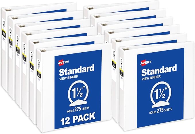 Avery Standard View 3 Ring Binders, 1.5" Round Rings, 275-Sheet Capacity, 2.1 Inch Wide Spine, White Binders, Ideal for Lightweight Organization and Occasional Referencing (12-Pack of 05726)