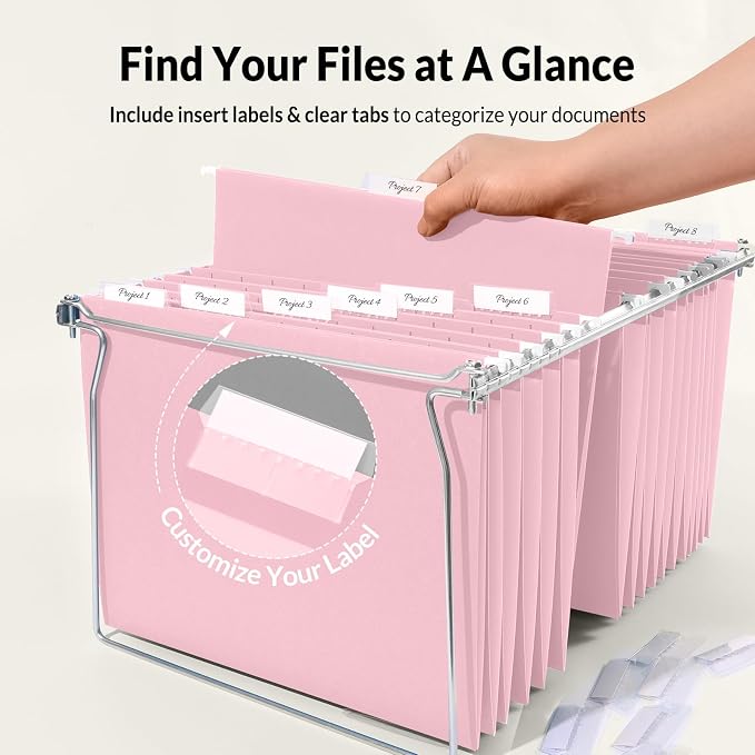 SUNEE 25 Pack Hanging File Folders, Pink Folders, Hanging File Folders Letter Size with 1/5-cut Tabs, Stay Organized for Your Home and Office Bulk File and Documents