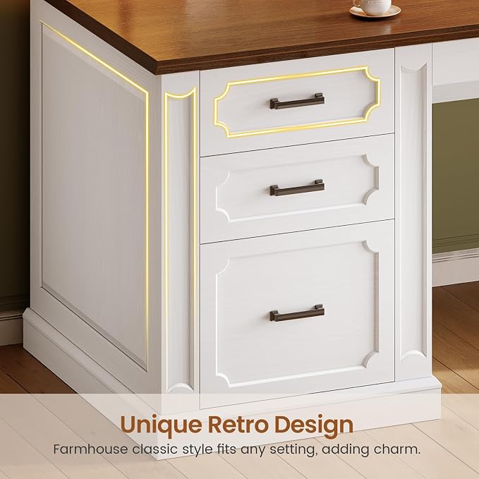SEDETA Farmhouse 70.9" Executive Desk, Home Office Desk with File Drawers and Storage Cabinet, Computer Desk with Power Outlet for Home Office, Work Study Writing, White+Brown