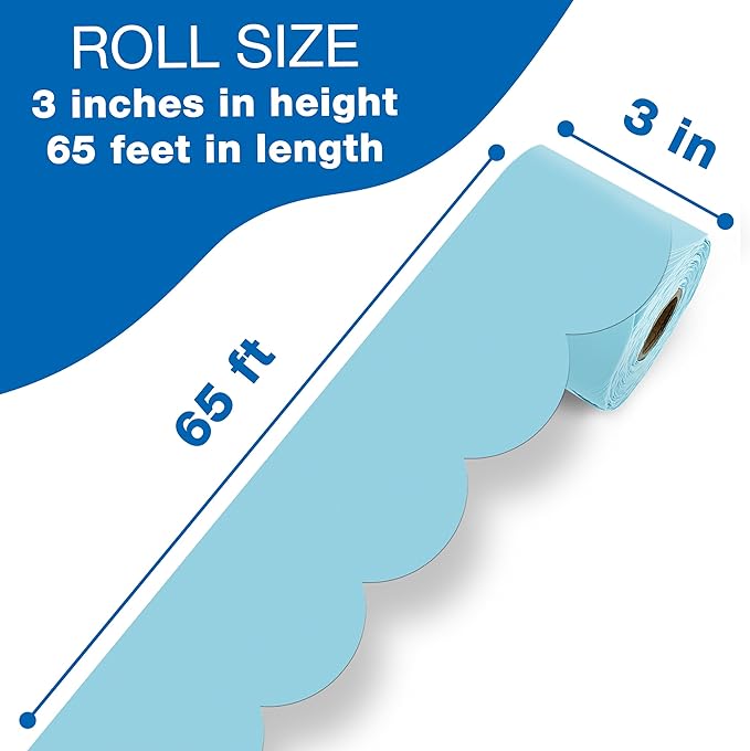 Carson Dellosa Education 65Ft of Sky Blue Bulletin Board Borders, 1 Roll of Pastel Scalloped Trim for Rolling Whiteboard, Cork and Posterboard, Party, Easter, Spring Decorations, and Classroom Decor