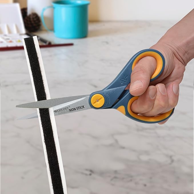 Westcott 8-Inch Non-Stick Titanium Scissors For Office and Home - Glide Adjust Technology - Grey/Yellow Craft, Fabric Scissors - 1 Pack