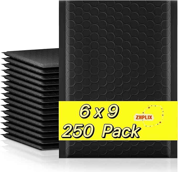 Poly Bubble Mailers 6x10 250 Pack Usable Size 6x9 Black Waterproof Self Seal Adhesive Shipping Bags, Cushioning Padded Envelopes for Shipping, Mailing,Small Business Supplies.