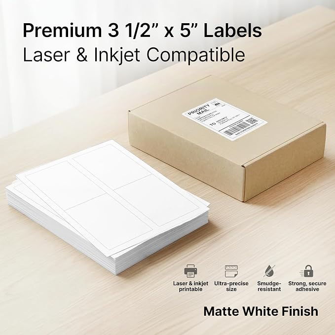 3.5" X 5" Matte White Printable Shipping Labels (100 Sheets, 400 Stickers) | Mailing and Address Labels, Product Packaging Stickers for Laser & Inkjet Printers - Spartan Industrial Template R016