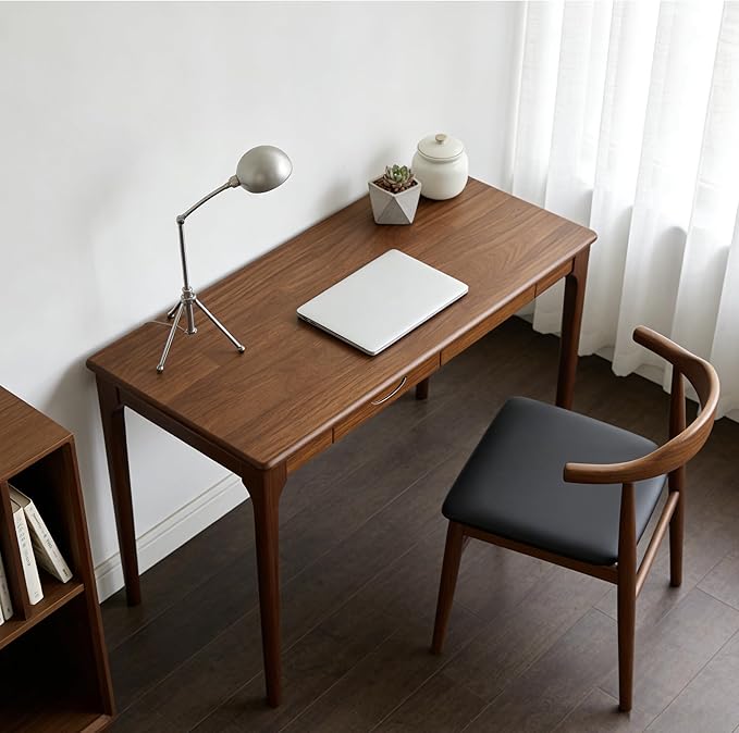 47" Solid Wood Desk with Drawers, Small Home Office Writing Wooden Desk, Gaming & Computer Desk for Bedroom, Work Study Table for Small Space(Walnut,47 Inch)