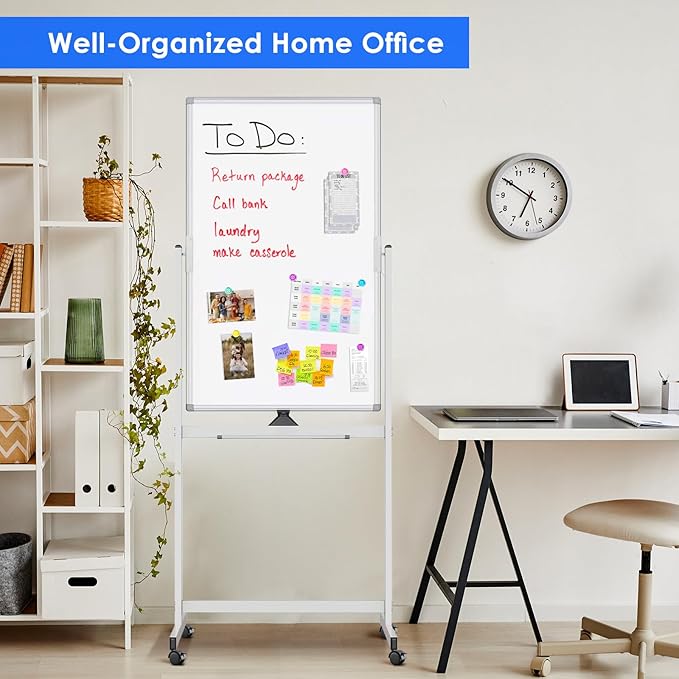 Maxtek Magnetic White Board on Wheels 48x24 Black Mobile Double-Sided Board | Mobile Dry Erase Board on Stand, Rolling Aluminum Frame Reversible Writing Surface for Office, School, Home and Homeschool