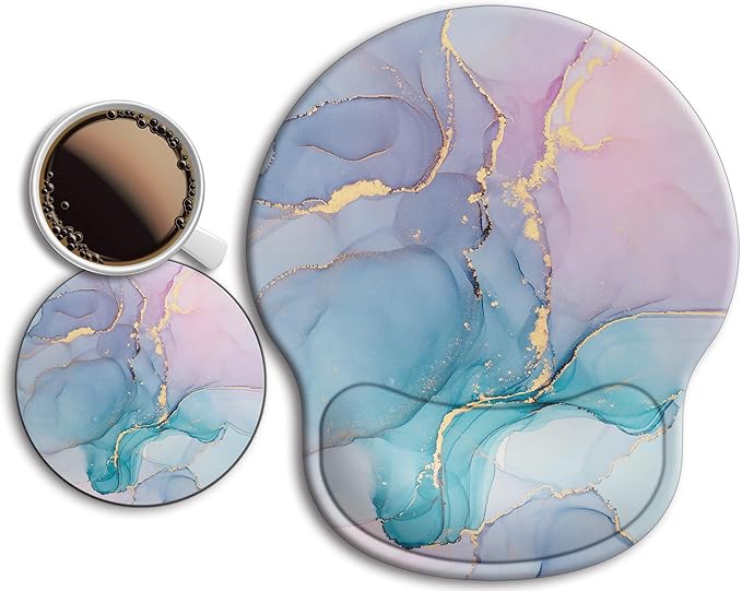 Ergonomic Mouse Pad with Wrist Support Rest,Large Mousepad Gel Wrist Rest, with Coaster Non-Slip & Pain Relief for Computer, Desk, Home&Office-Blue Marble