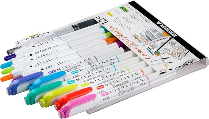 Zebra Pen Notetaking Set, MILDLINER, CLiCKART & SARASA, Assorted, 12-Pack | Includes 6 MILDLINER Highlighters, 5 CLiCKART Felt Tip Pens & 1 SARASA MarkOn Pen, Ideal for Bible Study & Note-Taking (12012