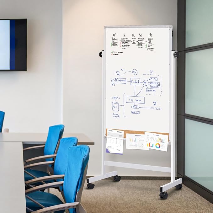 Maxtek Rolling White Board 48 x 24 in, Magnetic Cork Board Combo on Wheels | Mobile Easel Height Adjustable Magnetic Dry Erase and Cork Board Double-Sided with Stand for Classroom, Home, School, Office