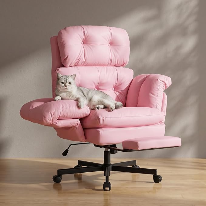 Criss Cross Office Chair with Foot Rest, Big and Tall Office Desk Chair with Flip Armrests for Pets & Cross Legged Sitting, Comfy Executive Ergonomic Reclining Computer Gaming Vanity Chair, Pink