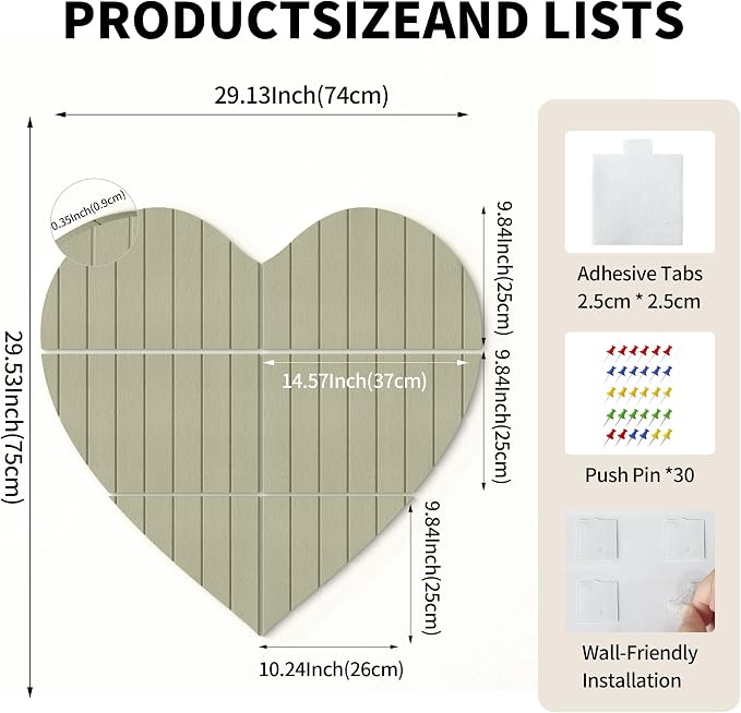 Heart-Shaped Felt Bulletin Board 29"x29", 6 Felt Tiles with, Green | Photo Display Memo Board for Office Home, Felt Pin Board with Adhesive Tiles and Pins for Notes, Photos and Artwork