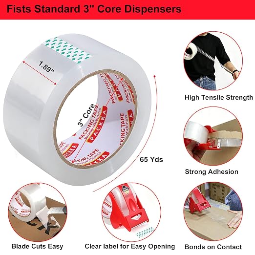 Heavy Duty Clear Packing Tape with Dispenser Utility Knife - Mens Gifts | Packing Tape Refills for Storage Warehouse Packaging, Shipping Mailing Moving Boxes Supplies,6 Rolls,2.7 Mil,1.89" x 65 Yards