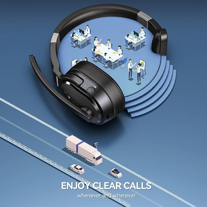 TECKNET Bluetooth Trucker Wireless Headset, Noise Cancelling Mic for Work | Single Ear, 50Hrs Battery, 3 EQ Music Modes, Clear Mic Wireless Headset for PC, Truck Drivers, Office & Call Center
