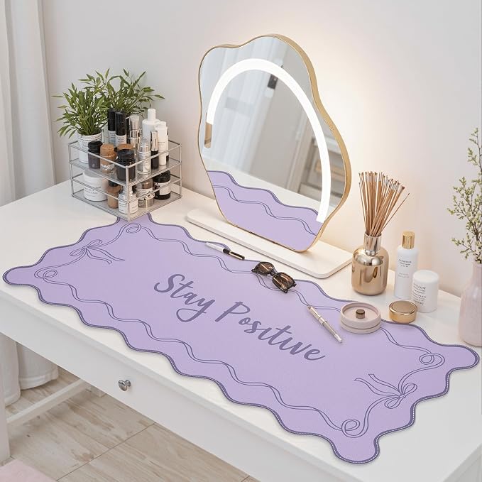 iCasso Purple Office Decor for Women, Scalloped Desk Cover Mat, Large Mouse Pad, Leather Waterproof Accessories Blotter, Non-Slip Mousepad for Organizer Office Dorm Supplies Teacher Girly