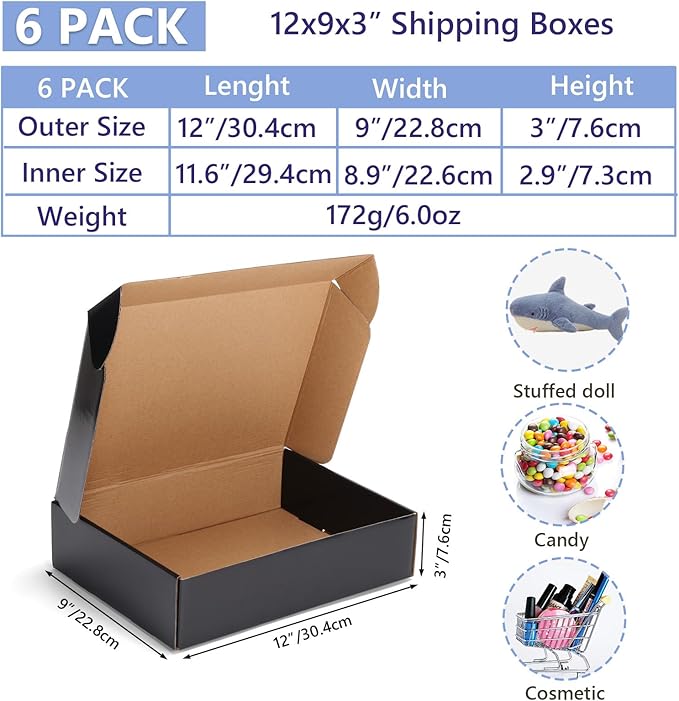 EXYGLO 6 Pack 12x9x3 Shipping Boxes, Black Corrugated Cardboard Boxes for Packaging Small Business, Moving, Shipping, Mailing, and Storing