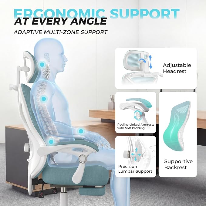 CYKOV Ergonomic Office Chair, Reclining, Footrest, Adjustable Lumbar, 350LB | 4-Way Headrest (4.72" + 60°), 2-Way Lumbar (2" + 1.18"), 90-135° Recline, Breathable Mesh, Gaming & Office, 5-Year Warranty