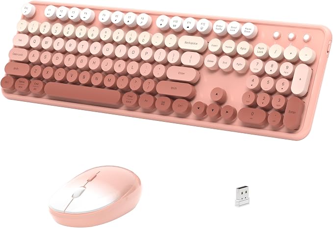 Links9+ Colorful Wireless Keyboard and Mouse Combo (Peach Gradient) | Full-Size Retro Typewriter Style Keyboard with Vintage Round Keycaps, 2.4G Wireless Set for Windows, Mac, Laptop, PC, Tablet