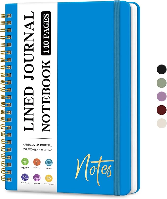 Lined Spiral Journal Notebook for Women, A5 College Ruled Journals for Writing, Hardcover Notebooks for Work, Note taking and Office School Supplies,140 Pages - Azure Blue