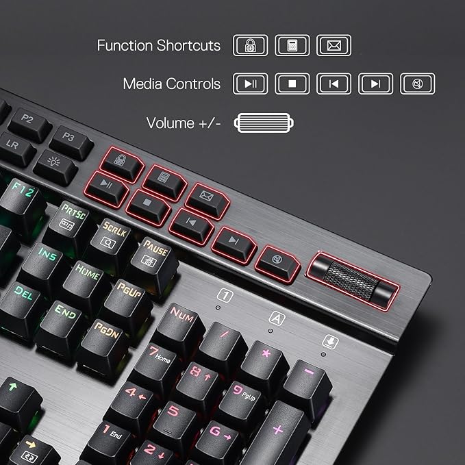 Redragon K550 RGB Gaming Keyboard, 104 Keys + 12 Macro G Keys Wired Mechanical Keyboard w/Aluminum Top Plate, Custom Clicky Purple Switch, Extra USB Port & Wrist Rest