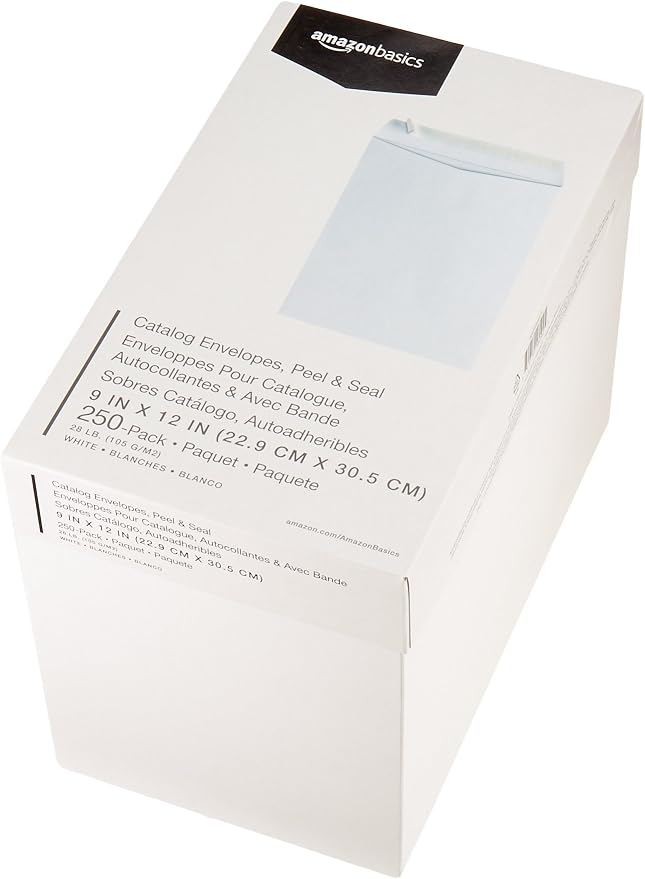 Amazon Basics Catalog Mailing Envelopes, Peel and Seal, 9x12 Inch, White, 250-Pack