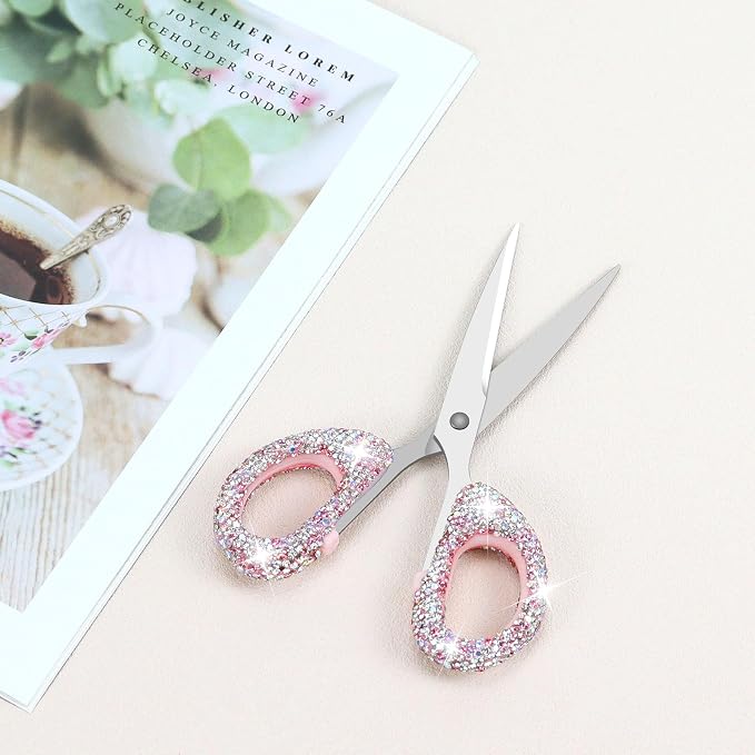 Koqye 6.3-Inch Pink Rhinestone Scissors - Stainless Steel Cute Scissors for Office, Home & Crafting, Decorative Bling Handle Paper Cutting Tool (Pink)