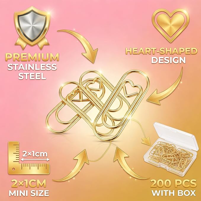 200 Pcs Cute Rose Gold Heart Shaped Paper Clips, Mini Stainless Steel Decorative Paperclips for Office School Home Desk Organizers, Wedding Invitation Accessories