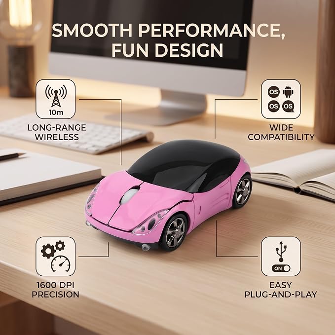 Wireless Mouse 1600DPI 2.4GHz, Slim Portable Computer Mouse with USB Receiver for Laptop PC Mac Office Home Gaming, 3-Button Ergonomic Design (Pink)