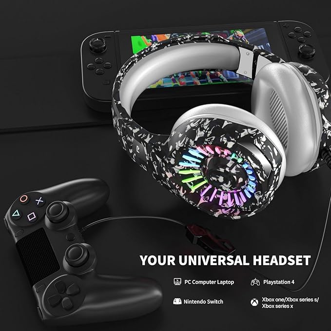 ZIUMIER Camo Gaming Headset for PS4, PS5, Xbox One, PC, Laptop, Mac, Switch, 3.5MM Wired Gaming Headphones with Microphone, Bass Surround, LED Light, Camouflage