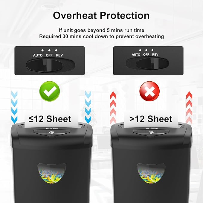 Woolsche 12-Sheet Cross Cut Paper Shredder with Large 5.55-Gallon Basket - P-4 Security, 3-Mode Shred for Cards/CDs/Staples/Clips - Jam Proof System for Office (ETL Certified)