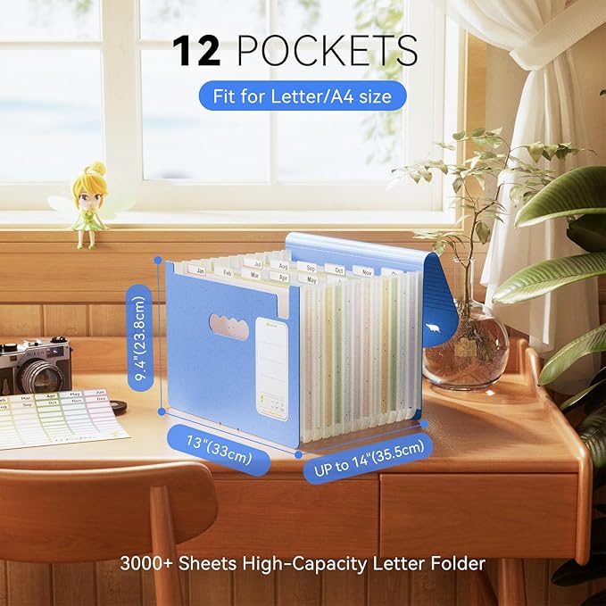 12-Pocket Wheat Straw Expanding File Folder, Adorable Polar Bear Cut-Out, Portable Monthly Bill & Tax Receipt Organizer, Letter/A4 Size -UN Blue Polar Bear
