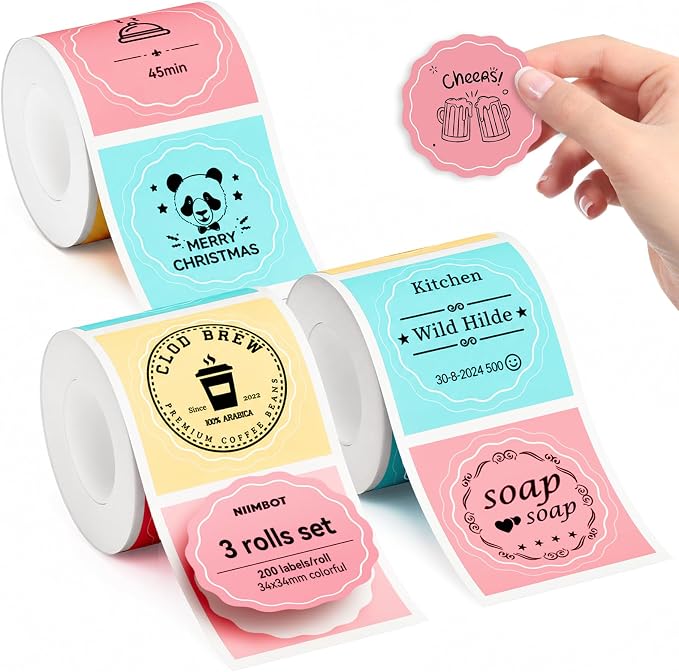 NIIMBOT Labels for B1/B2/B21/B31/B3S/K3 Sticker Printer, 34x34mm, Colorful | 3 Rolls Set, 1.34'' x 1.34'', 200 Labels/Roll, Refill Labeling Tape for Home School Office Small Business