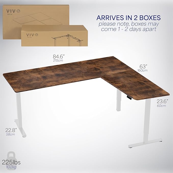 VIVO Corner Standing Desk, 84 x 63 inch Reversible L-Shaped Workstation, Electric Height Adjustment, Home, Office, and Reception Rooms, Rustic Vintage Brown Table Top White Frame, DESK-E3CTWN-84