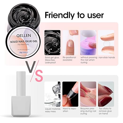 Gellen Solid Nail Glue Gel for False Nail Tips, Huge Capacity 15g Press on Solid Acrylic Nail Glue Gel for Salon Art DIY at Home, Need UV Light Cured