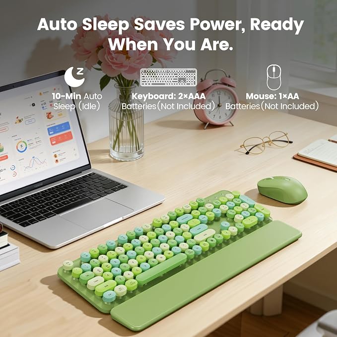 Wireless Keyboard and Mouse Combo with Magnetic Wrist Rest, Round Keycaps, Full-Size Retro Typewriter-Style, Two-Stage Tilt Legs, Auto-Sleep, 2.4G Wireless for Windows Mac Laptop PC, Green Colorful