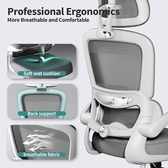 TRALT Office Chair Ergonomic Desk Chair - Gaming Chair with Lumbar Support (4, White) | 330 LBS Home Office Desk Chairs with Headrest, Reading Chair with Flip-up Armrests, Comfortable Computer Chairs (4, White)