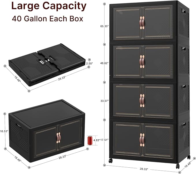 Stackable Storage Bins with Lids, 720QT Lockable Storage Cabinet | Foldable Storage Box with Doors and Wheels, Plastic Drawers for Home, Garage, Office (4, Black, Extra Large)