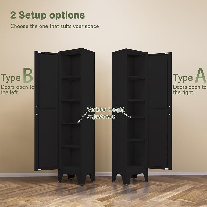 COFaR Tall Bathroom Cabinet, Metal Farmhouse Narrow Slim Storage Cabinet with Adjustable Shelves Barn Door for Bathrooms, Kitchens, Entrances Living Room (Black)