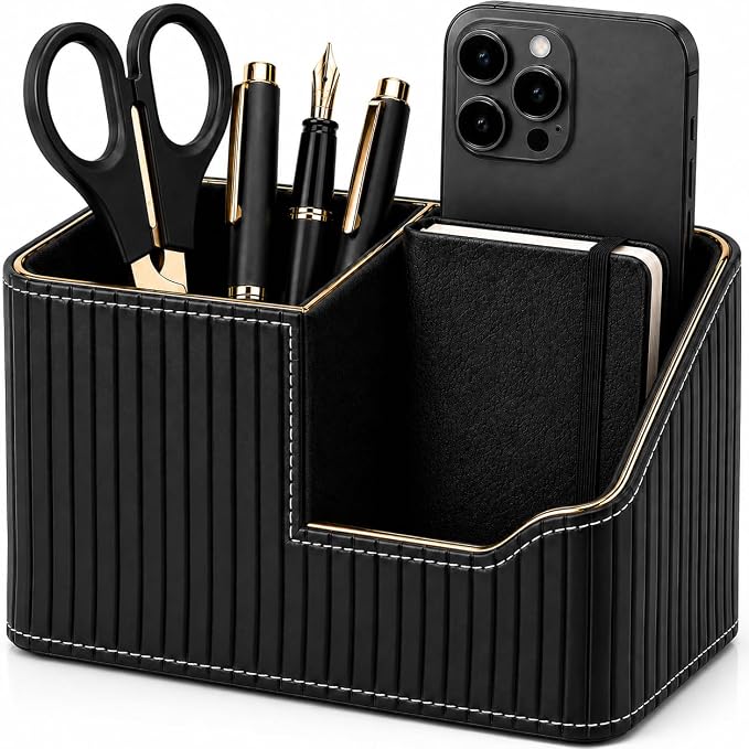 Luxury Black PU Leather Desk Organizer with Gold Trim, Premium Pen Holder for Desk Accessories, Modern Office Supplies Organizer for Home Office Desk Decor