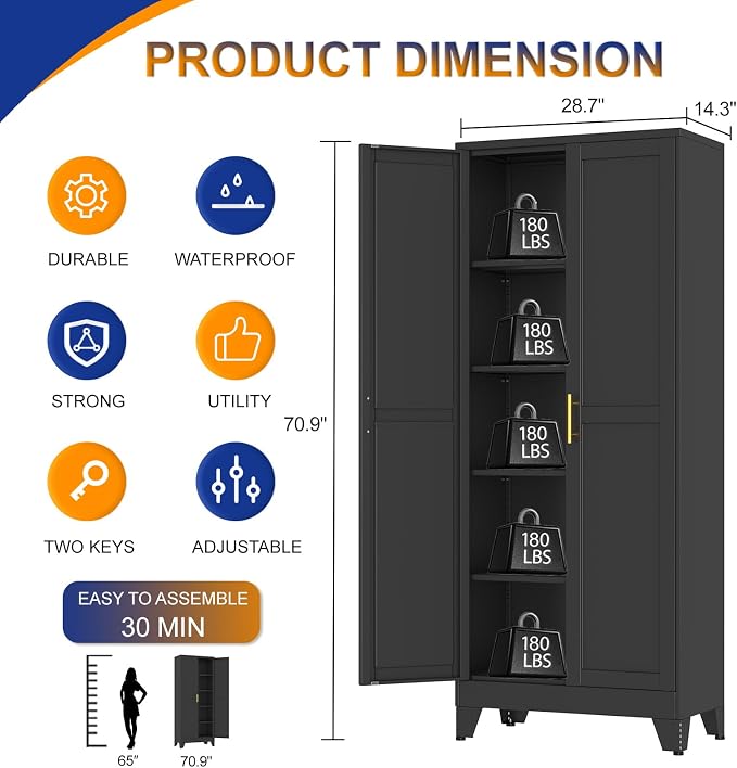 Metal Storage Cabinet with 2 Doors and 4 Adjustable Shelves - 71" Steel File Cabinet,Tool Cabinets for Office,Home,Garage,Gym,School (Black)