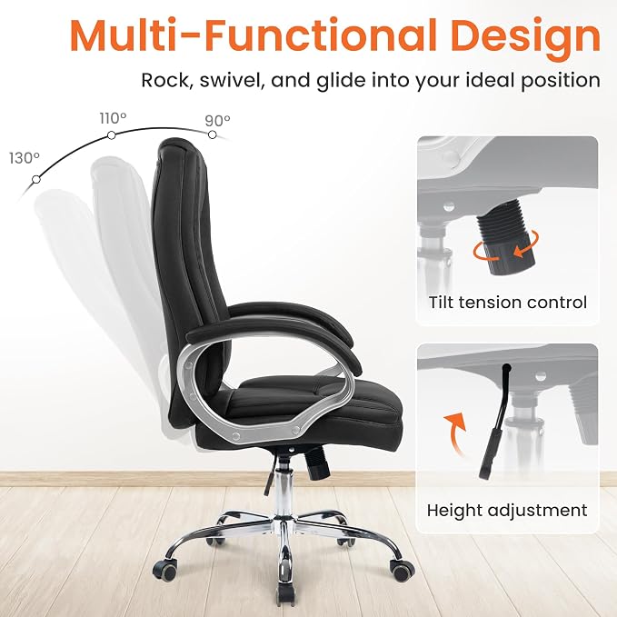 NEO CHAIR Office Desk Chair PU Leather Chair with Lumbar Support, Jet Black | Ergonomic High Back Executive Computer Chair, Comfortable Padded Fixed Armrests Swivel Chair with Wheels for Office/Home