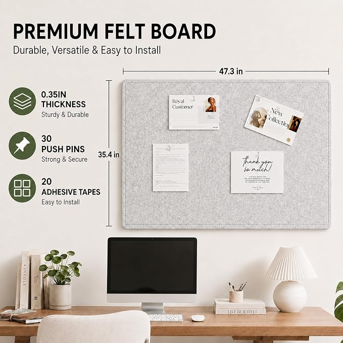 Felt Bulletin Board for Wall 48" x 36" Unfolded Size, Large Frameless Felt Pin Board, Soft Cork Board Alternative for Office, Home Planning, Notes, Photos & Wall Decor, Foldable Shipping, Easy Install