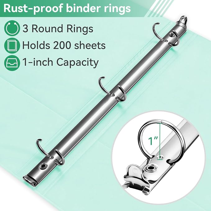 SUIN 1 Inch 3 Ring Binder, Clear 1'' View Presentation Binders with 2 Pockets, Fits 8.5 x 11 Letter Size, Durable Polypropylene, Non-Stick & PVC-Free for School, Office & Home (Pastel Green)