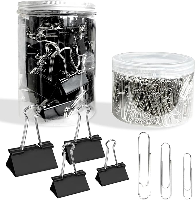 850 Pack Paper Clips and Binder Clips Assorted Sizes, | 750pcs Paper Clips and 100Pcs Binder Clips Assorted Sizes in Container for Home Office and School Supplies