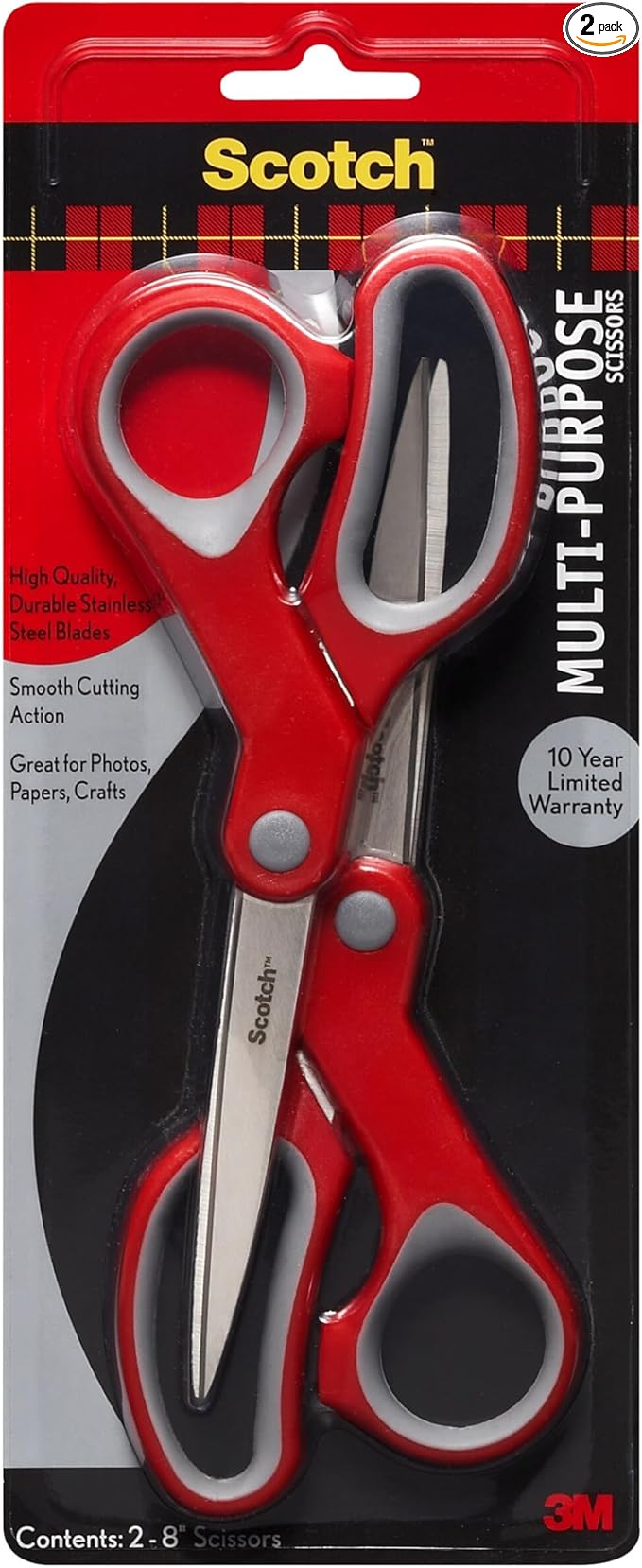 Scotch Multi-Purpose Stainless Steel All-Purpose 2 Pairs of Scissors, 8 Inches, Red & Gray, Great for cutting holiday gift wrap paper