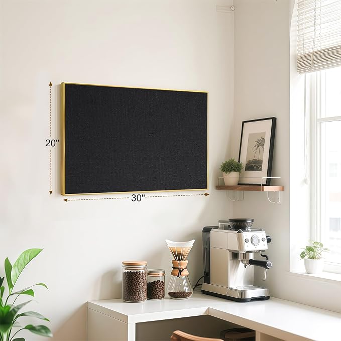 Linen Bulletin Board, 30"x20" Decorative Fabric Pin Board Vision Board | Gold Aluminum Frame, Upgraded Black Canvas Surface, Wall Mounted, for Home Office Bedroom Dorm Wall Decor