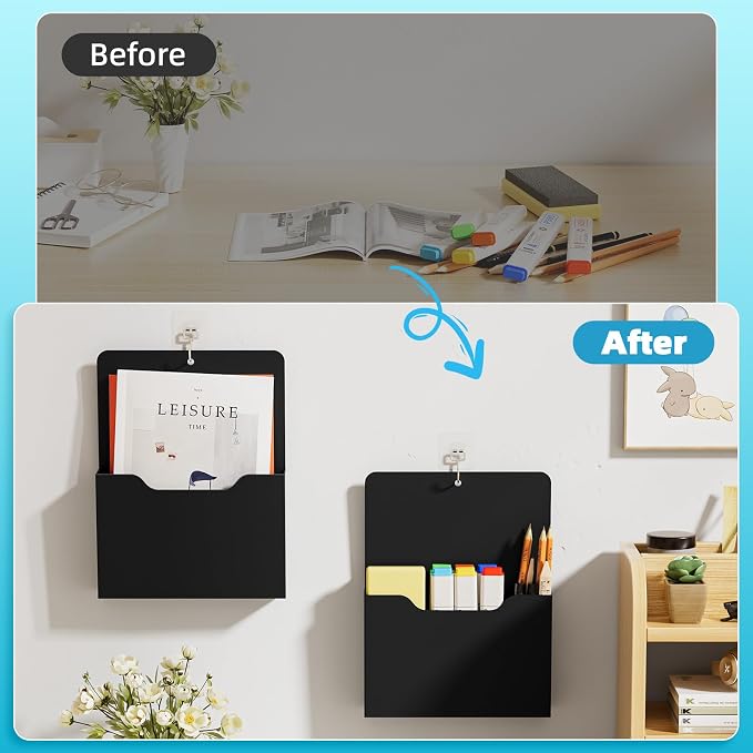 Marbrasse Magnetic File Holder - Magnetic Paper Holder, Pocket Organizer Office Supplies Storage Mail Organizer for Notebooks,Planners,Letter (Black)