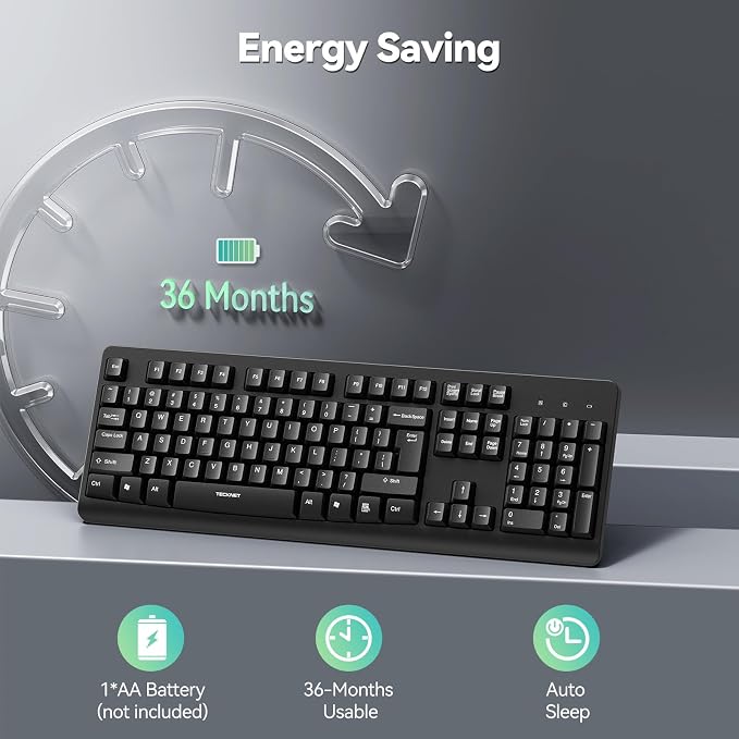 TECKNET Wireless Keyboard, 2.4G Silent Full-Size Keyboard with Number Pad | Ergonomic Keys & Adjustable Feet, Compatible with Laptop, PC, Desktop, Notebook, Windows 11/10/8/7 –Black