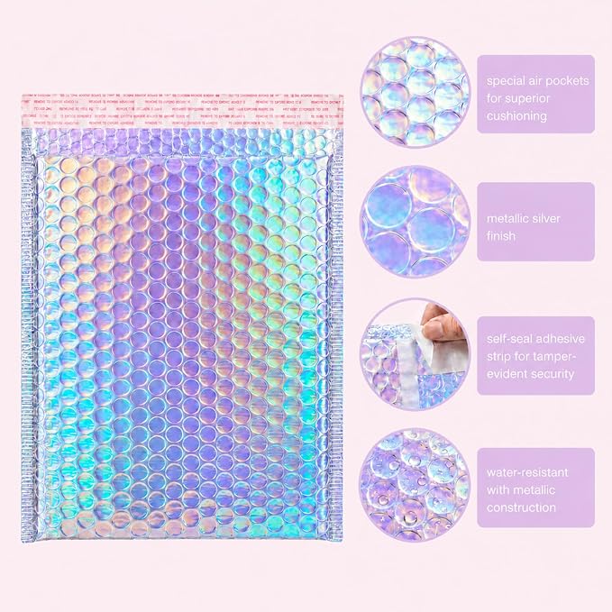 50Pack Bubble Mailers, Holographic Bubble Padded Envelopes, 3 Sizes | Self Seal Waterproof Shipping Bags Bubble Mailers, Metallic Poly Mailers for Small Business Mailing Packing Jewelry Makeup